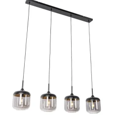Design hanglamp zwart met goud en smoke glas 4-lichts - Kyan