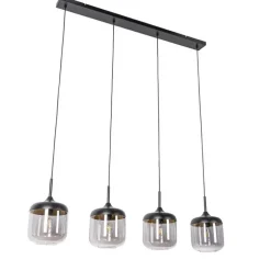 Design hanglamp zwart met goud en smoke glas 4-lichts - Kyan