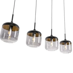 Design hanglamp zwart met goud en smoke glas 4-lichts - Kyan