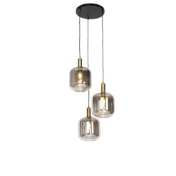 Design hanglamp zwart met goud en smoke glas 3-lichts - Zuzanna