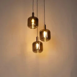Design hanglamp zwart met goud en smoke glas 3-lichts - Zuzanna