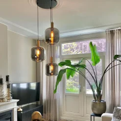 Design hanglamp zwart met goud en smoke glas 3-lichts - Zuzanna