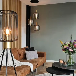 Design hanglamp zwart met goud en smoke glas 3-lichts - Zuzanna