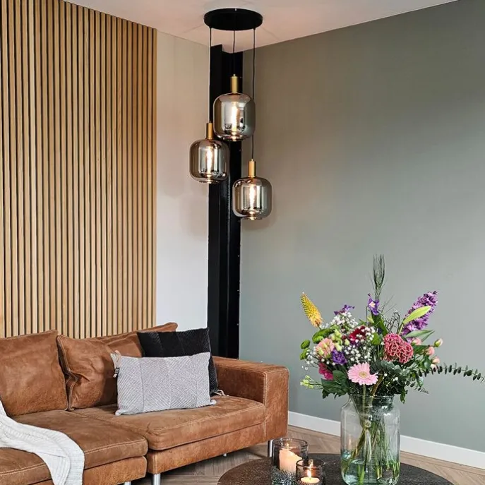 Design hanglamp zwart met goud en smoke glas 3-lichts - Zuzanna