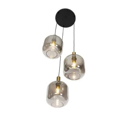 Design hanglamp zwart met goud en smoke glas 3-lichts - Zuzanna