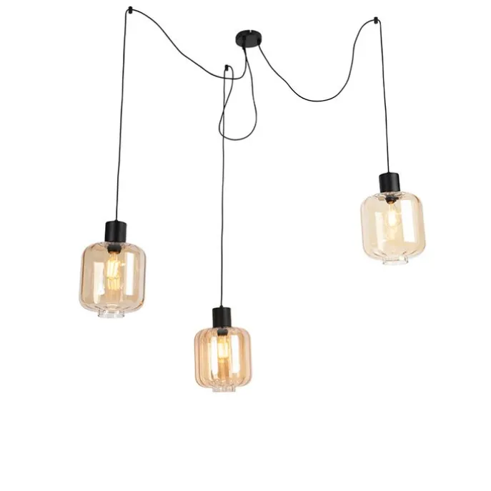 Design hanglamp zwart met amber glas 3-lichts 226 cm - Qara