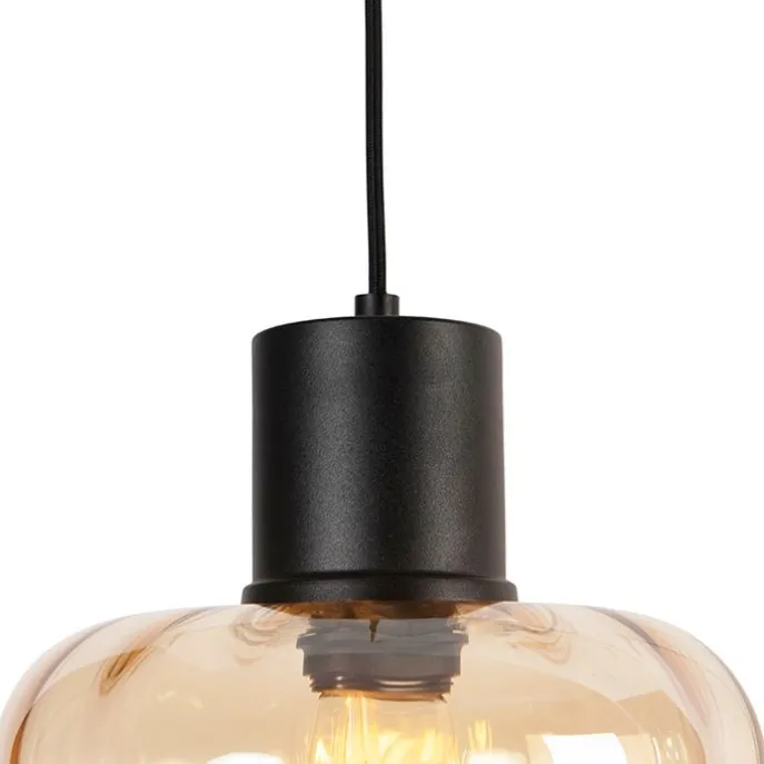 Design hanglamp zwart met amber glas 3-lichts 226 cm - Qara