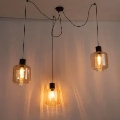 Design hanglamp zwart met amber glas 3-lichts 226 cm - Qara