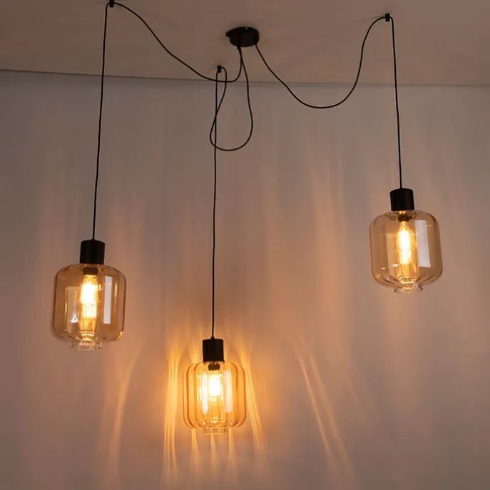 Design hanglamp zwart met amber glas 3-lichts 226 cm - Qara