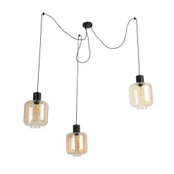 Design hanglamp zwart met amber glas 3-lichts 226 cm - Qara