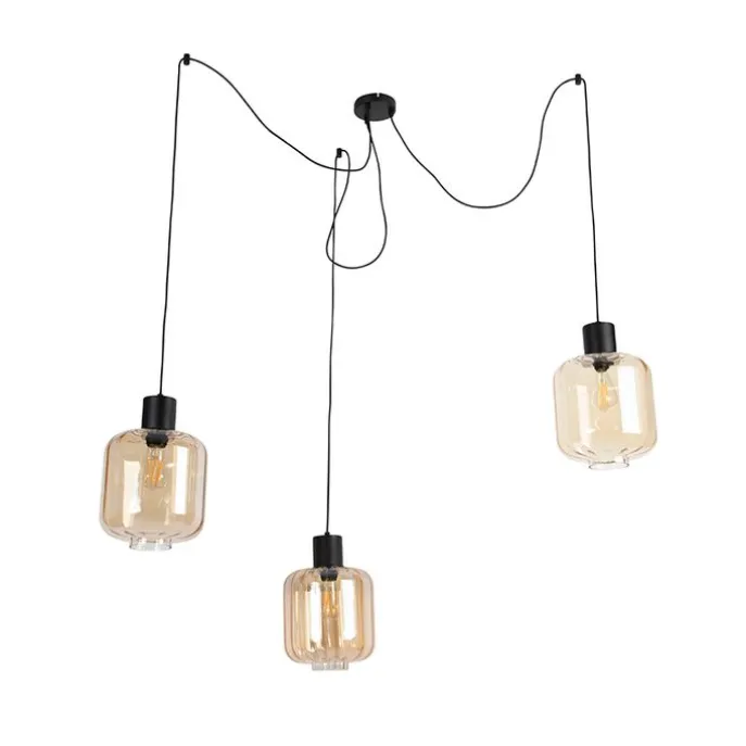Design hanglamp zwart met amber glas 3-lichts 226 cm - Qara
