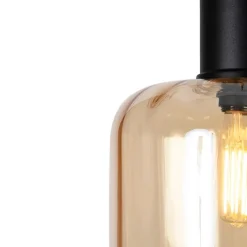 Design hanglamp zwart met amber glas 3-lichts 226 cm - Qara