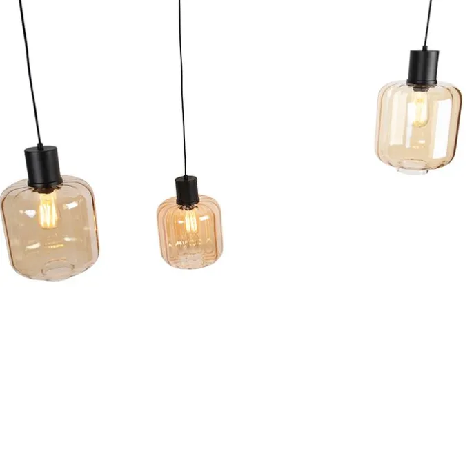 Design hanglamp zwart met amber glas 3-lichts 226 cm - Qara