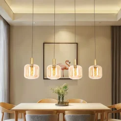 Design hanglamp zwart met messing en amber glas 4-lichts - Zuzanna