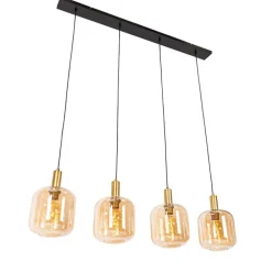Design hanglamp zwart met messing en amber glas 4-lichts - Zuzanna
