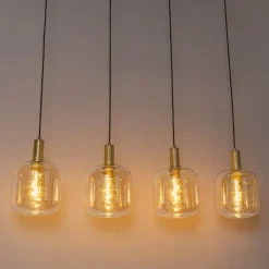 Design hanglamp zwart met messing en amber glas 4-lichts - Zuzanna