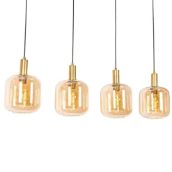 Design hanglamp zwart met messing en amber glas 4-lichts - Zuzanna