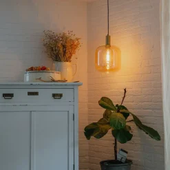 Design hanglamp zwart met messing en amber glas - Zuzanna