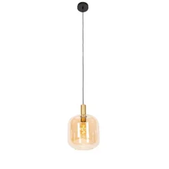 Design hanglamp zwart met messing en amber glas - Zuzanna