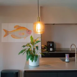 Design hanglamp zwart met messing en amber glas - Zuzanna