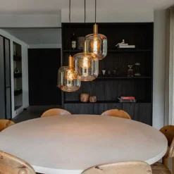Design hanglamp zwart met messing en amber glas 3-lichts - Zuzanna
