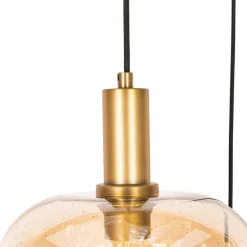 Design hanglamp zwart met messing en amber glas 3-lichts - Zuzanna