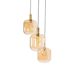 Design hanglamp zwart met messing en amber glas 3-lichts - Zuzanna