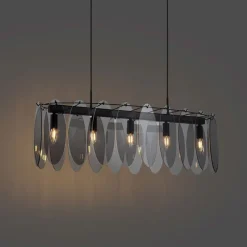 Design hanglamp zwart met smoke glas ovaal 5-lichts - Mochan