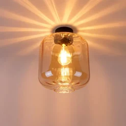 Design plafondlamp zwart met amber glas - Qara