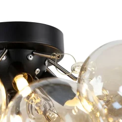Design plafondlamp zwart met amber glas 4-lichts - Uvas