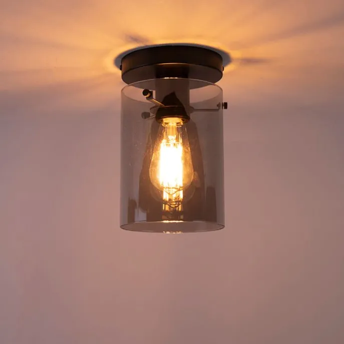 Design plafondlamp zwart met smoke glas - Dome