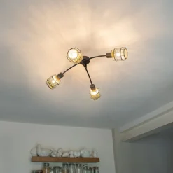 Design plafondlamp zwart met goud 4-lichts - Noud