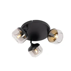 Design spot zwart met goud en smoke glas 3-lichts rond - Kyan