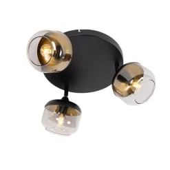 Design spot zwart met goud en smoke glas 3-lichts rond - Kyan