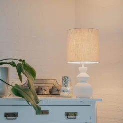 Design tafellamp wit stoffen kap lichtgrijs 25 cm - Alisia