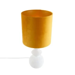 Design tafellamp wit velours kap geel met goud 25 cm - Alisia