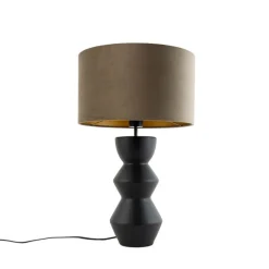 Design tafellamp zwart 16 cm velours kap taupe met goud 35 cm - Alisia