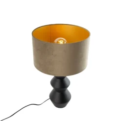 Design tafellamp zwart 16 cm velours kap taupe met goud 35 cm - Alisia