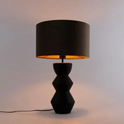 Design tafellamp zwart 16 cm velours kap taupe met goud 35 cm - Alisia