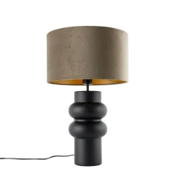 Design tafellamp zwart 17 cm velours kap taupe met goud 35 cm - Alisia