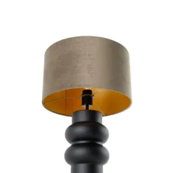 Design tafellamp zwart 17 cm velours kap taupe met goud 35 cm - Alisia