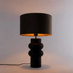 Design tafellamp zwart 17 cm velours kap taupe met goud 35 cm - Alisia