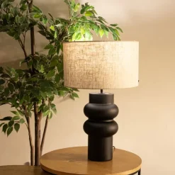 Design tafellamp zwart 17 cm stoffen kap lichtgrijs 35 cm - Alisia