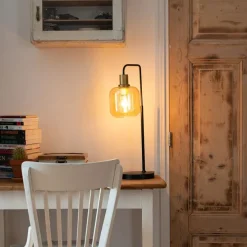 Design tafellamp zwart met messing en amber glas - Zuzanna