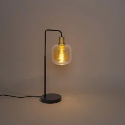 Design tafellamp zwart met messing en amber glas - Zuzanna