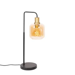 Design tafellamp zwart met messing en amber glas - Zuzanna
