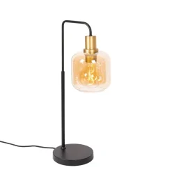 Design tafellamp zwart met messing en amber glas - Zuzanna