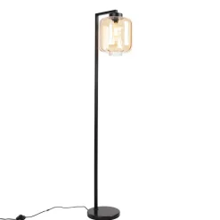 Design vloerlamp zwart met amber glas - Qara Down