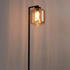 Design vloerlamp zwart met amber glas - Qara Down