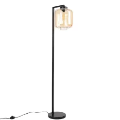 Design vloerlamp zwart met amber glas - Qara Down